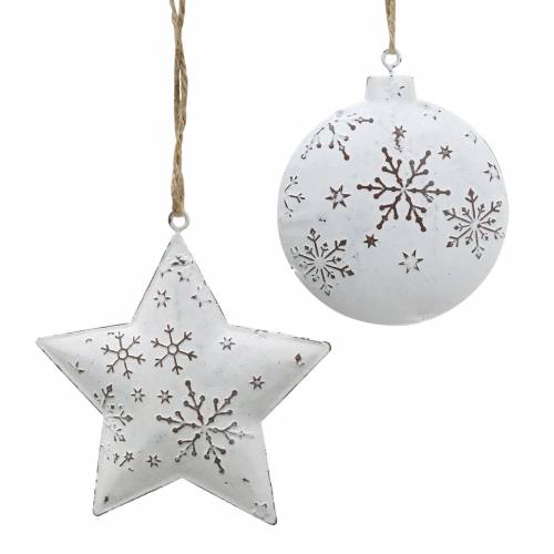 Floristik24 Colgante decorativo estrella y bola de árbol de Navidad con copos de nieve metal blanco Ø9.5 / 7.6cm H10 / 9.2cm 4pcs