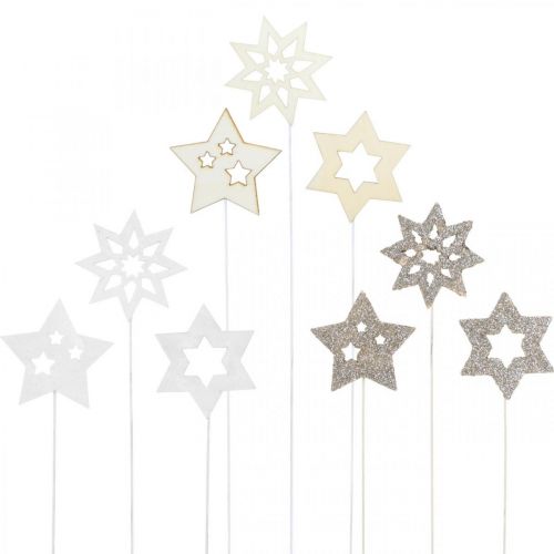 Floristik24 Estrellas con forma de flor, Adviento, decoración floral, estrellas de madera natural, blanco, brillo dorado L27/28,5cm 18 piezas