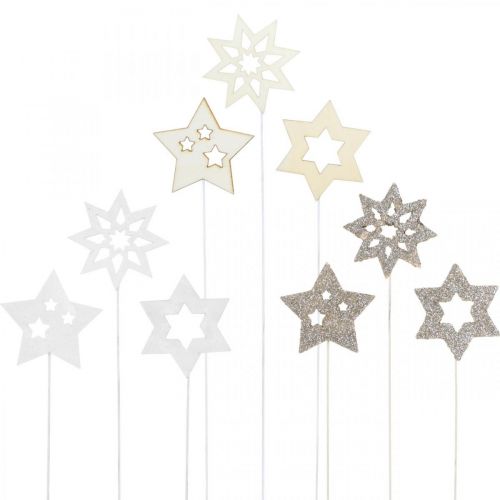 Floristik24 Enchufe de flores estrellas, Adviento, decoración floral, estrellas de madera naturaleza, blanco, brillo dorado L27 / 28.5cm 18pcs