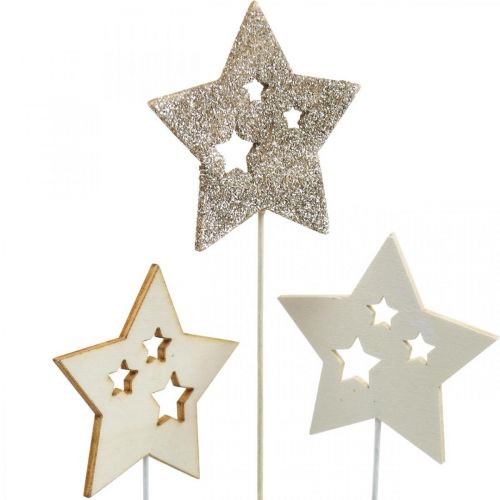 Floristik24 Estrellas con forma de flor, Adviento, decoración floral, estrellas de madera natural, blanco, brillo dorado L27/28,5cm 18 piezas