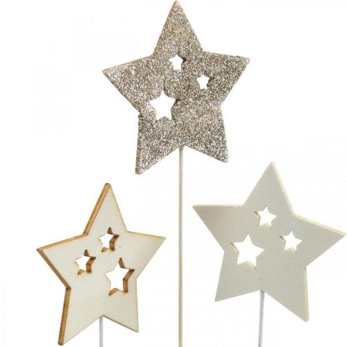 Artículo Enchufe de flores estrellas, Adviento, decoración floral, estrellas de madera naturaleza, blanco, brillo dorado L27 / 28.5cm 18pcs