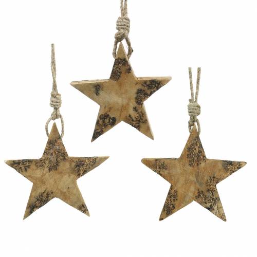 Floristik24 Estrellas de madera con incrustaciones de purpurina para colgar madera de mango natural 6,4–7,1 cm × 7–7,8 cm 3 uds.