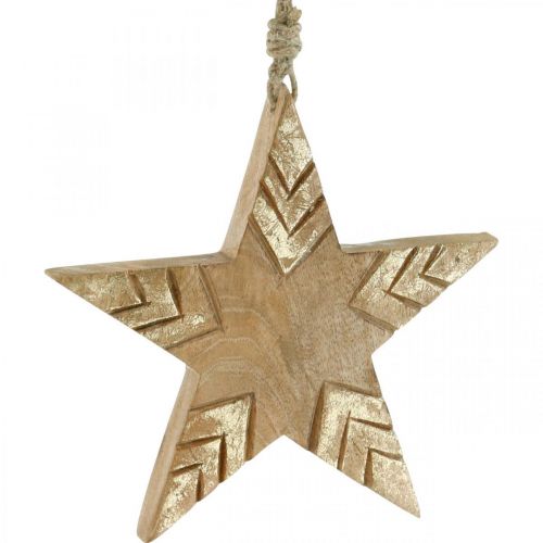 Artículo Estrella madera mango naturaleza, estrella madera dorada Navidad 19,5cm 3 piezas