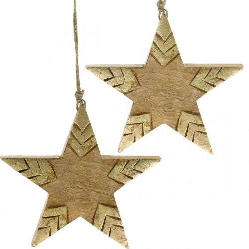 Artículo Estrella madera de mango natural, estrella de madera dorada grande para colgar 25cm 2pcs