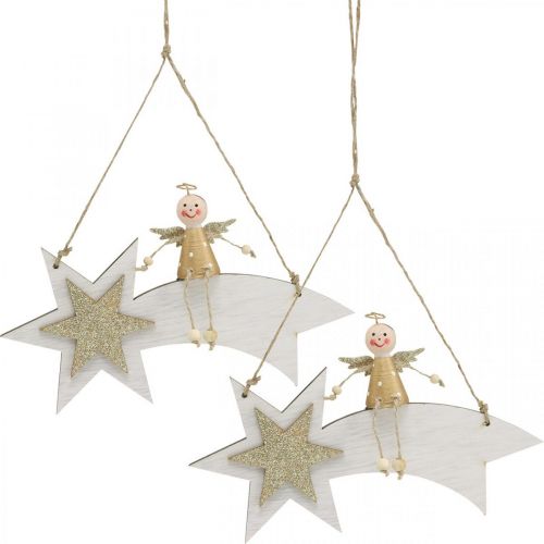 Artículo Ángel en estrella fugaz, decoración navideña para colgar, blanco de Adviento, dorado H13cm W21.5cm 2pcs