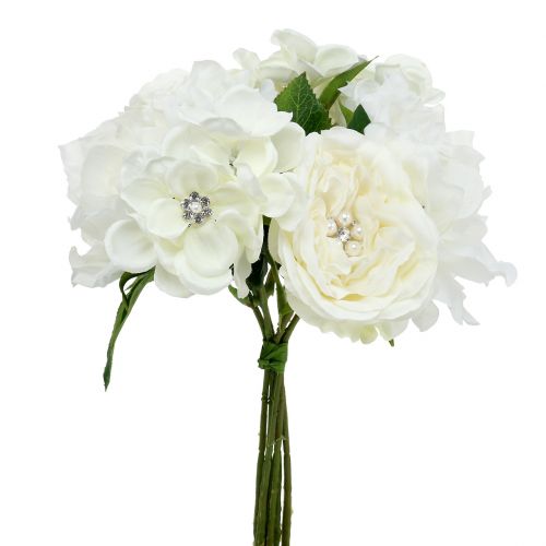 Floristik24 Deco bouquet blanco con perlas y pedrería 29cm