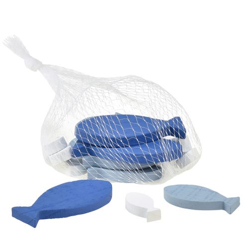 Artículo Decoración dispersa decoración de madera pez azul blanco marítimo 3–8cm 24 piezas