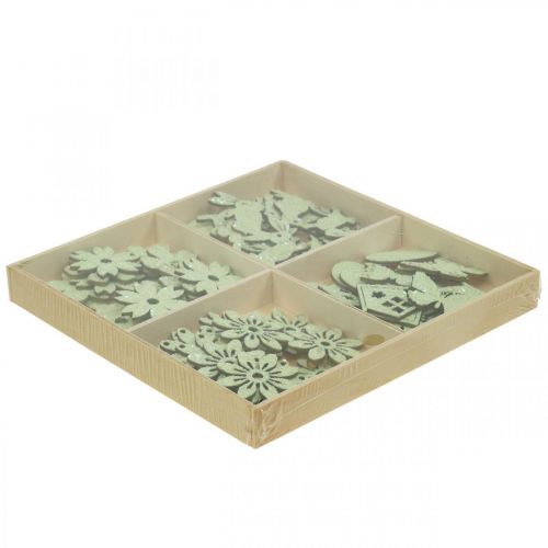 Artículo Decoración dispersa piezas dispersas de madera primavera Pascua verde 2–4 cm 64 piezas