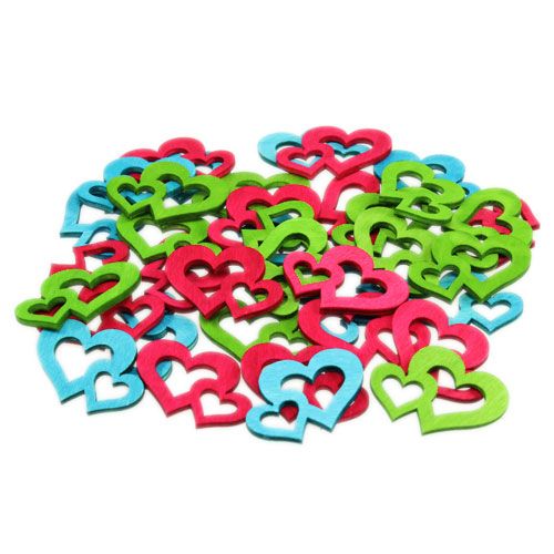 Decoración para controlar corazones de madera de colores. 3cm x 4cm 72 piezas