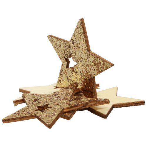 Artículo Decoración dispersa Navidad madera estrellas naturaleza oro brillo 5cm 72p