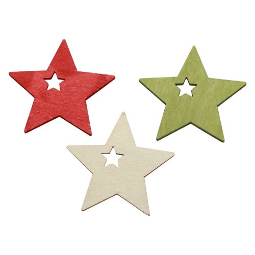 Artículo Decoración dispersa Navidad estrellas de madera rojo verde natural 5cm 72 piezas