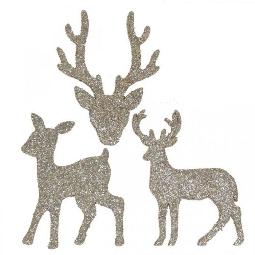 Artículo Decoración dispersa Decoración navideña de ciervos con purpurina dorada 6×8cm 24 piezas
