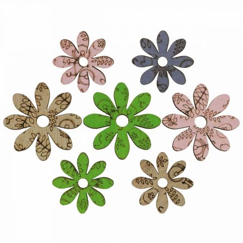 Flores de madera flores decorativas dispersas verde/rosa/azul/natural Ø3,5–5cm 72 piezas