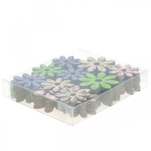 Artículo Flores de madera flores decorativas dispersas verde/rosa/azul/natural Ø3,5–5cm 72 piezas