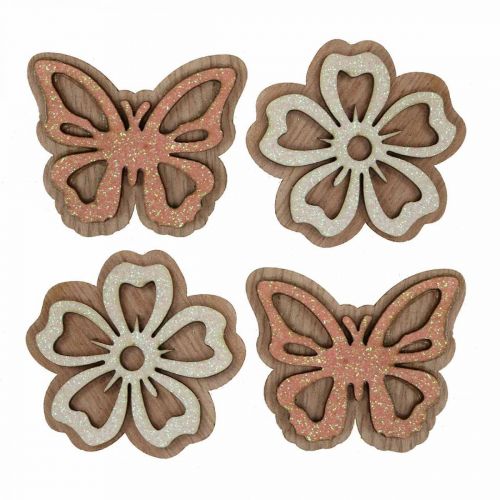 Artículo Scatter decoración madera flores/mariposas blanco/rosa Ø4cm 36p