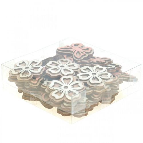 Artículo Scatter decoración madera flores/mariposas blanco/rosa Ø4cm 36p