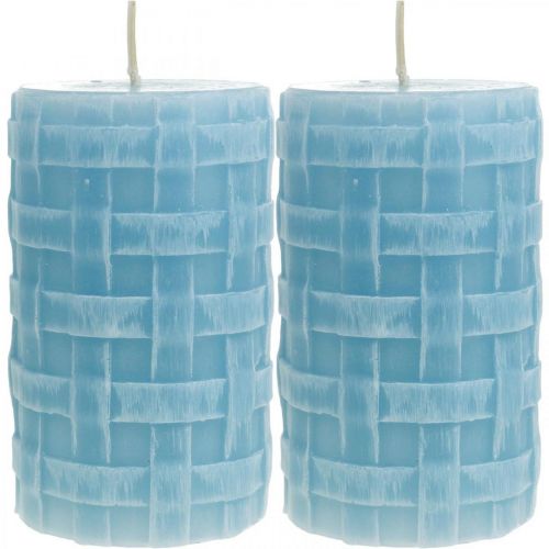 Floristik24 Velas de cera patrón de canasta, velas de pilar, velas rústico azul claro 110/65 2 piezas