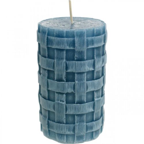 Floristik24 Velas de columna azul, velas de cera rústicas, velas con patrón trenzado 110/65 2 piezas