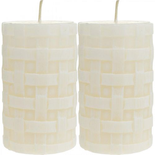 Floristik24 Velas rústicas, velas de cera blanca, velas de pilar con patrón de cesta 110/65 2 piezas