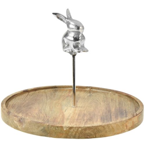 Bandeja de madera conejo natural decorativo metal plateado Ø27,5cm H21cm