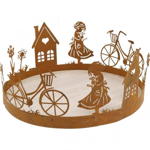 Artículo Bandeja decorativa niña con flor, decoración de metal con casa de bicicleta pátina de diente de león Ø24cm H11cm