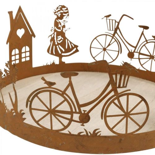 Artículo Bandeja decorativa niña con flor, decoración de metal con casa de bicicleta pátina de diente de león Ø24cm H11cm