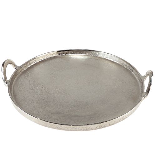 Artículo Bandeja redonda de metal plateado con asa 38x35x6,5cm
