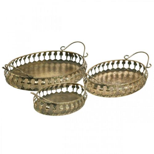 Cuenco de metal con asas, juego de bandejas decorativas dorado aspecto antiguo L39 / 33.5 / 28.5cm juego de 3