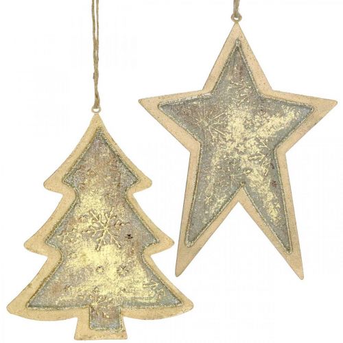 Artículo Colgantes de metal abeto y estrella, adornos para árboles de Navidad, decoración navideña dorada, aspecto antiguo H15.5 / 17cm 4 piezas