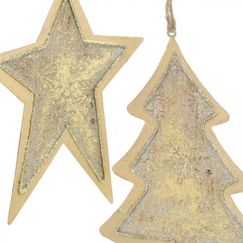 Artículo Colgantes de metal abeto y estrella, adornos para árboles de Navidad, decoración navideña dorada, aspecto antiguo H15.5 / 17cm 4 piezas