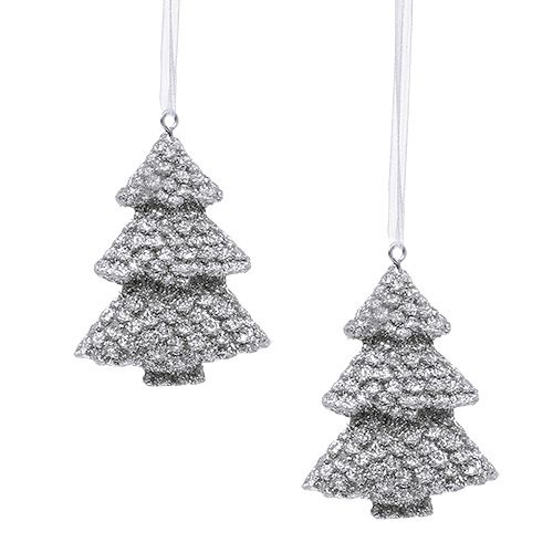 Floristik24 Colgante para árbol de Navidad Abeto con purpurina Plata 6,5cm 6pcs