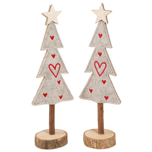 Artículo Árbol de Navidad de fieltro decorado con corazones gris rojo 28cm 4 piezas