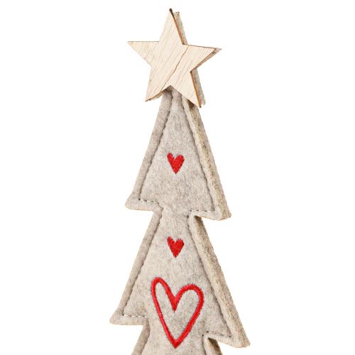 Artículo Árbol de Navidad de fieltro decorado con corazones gris rojo 28cm 4 piezas