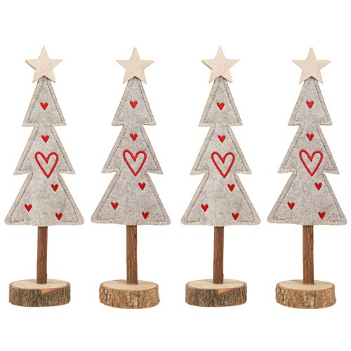 Artículo Árbol de Navidad de fieltro decorado con corazones gris rojo 28cm 4 piezas