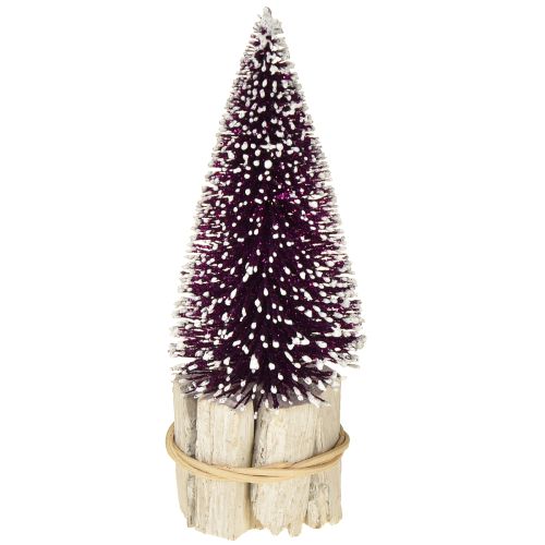 Artículo Árbol de Navidad decorativo en color morado con punta de nieve sobre base de madera rústica 15cm 3 piezas.