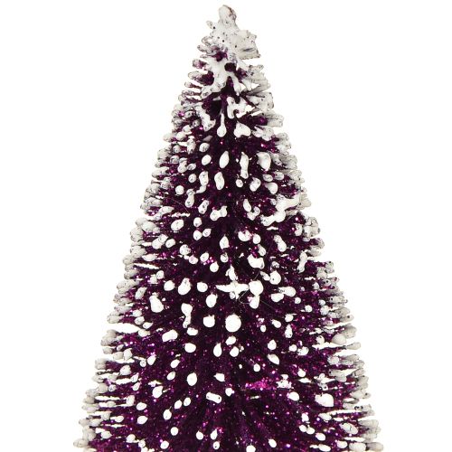 Artículo Árbol de Navidad decorativo en color morado con punta de nieve sobre base de madera rústica 15cm 3 piezas.