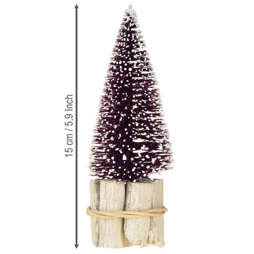 Artículo Árbol de Navidad decorativo en color morado con punta de nieve sobre base de madera rústica 15cm 3 piezas.