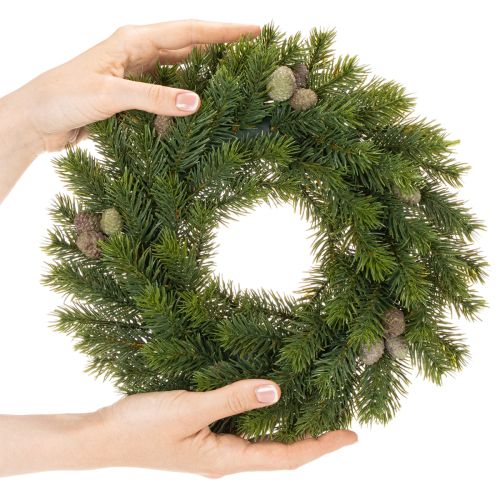 Corona de ramas de abeto artificiales con piñas para puerta o mesa, 30 cm. | Floristik24.es