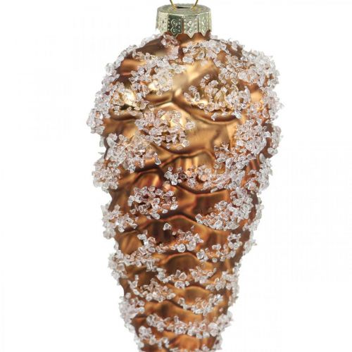Floristik24 Conos de pino con nieve, adornos navideños, adornos para árboles de Navidad Marrón H13cm Ø6cm Vidrio real 3 piezas