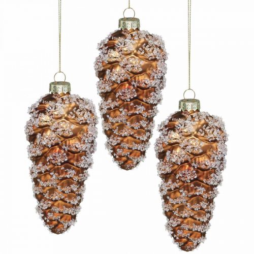 Floristik24 Conos de pino con nieve, adornos navideños, adornos para árboles de Navidad Marrón H13cm Ø6cm Vidrio real 3 piezas