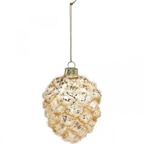 Artículo Conos para colgar, decoraciones para árboles, conos decorativos cubiertos de nieve Dorado H9.5cm Ø8cm vidrio real 3pcs