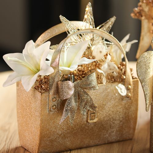 Bolsa metálica, recipiente decorativo, rectangular, 26 cm, color dorado. | Floristik24.es