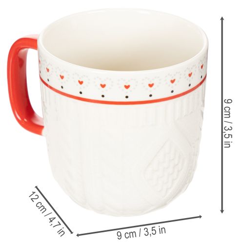 Taza de café con asa roja, diseño de punto y decoración de corazón, cerámica, 9 cm, 2 unidades | Floristik24.es