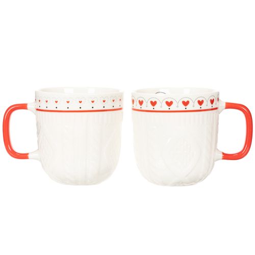 Taza de café con asa roja, diseño de punto y decoración de corazón, cerámica, 9 cm, 2 unidades | Floristik24.es