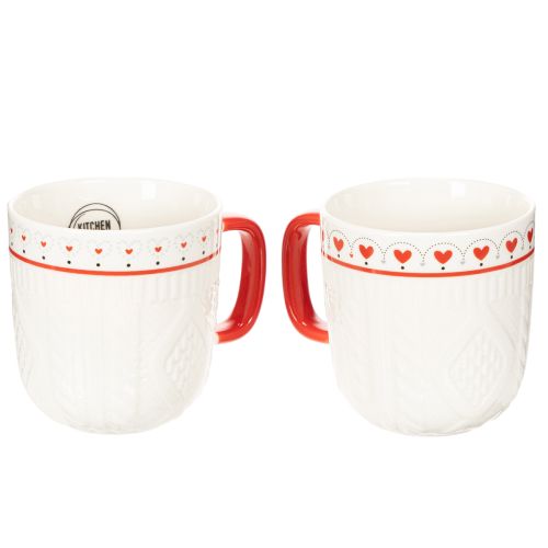 Taza de café con asa roja, diseño de punto y decoración de corazón, cerámica, 9 cm, 2 unidades | Floristik24.es