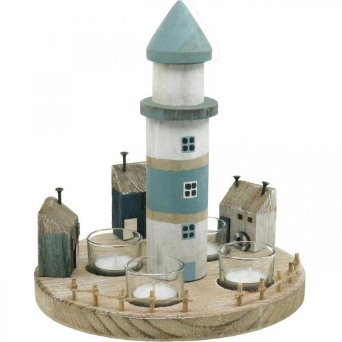 Floristik24 Portavelas Lighthouse azul, blanco 4 velas Ø25cm H28cm