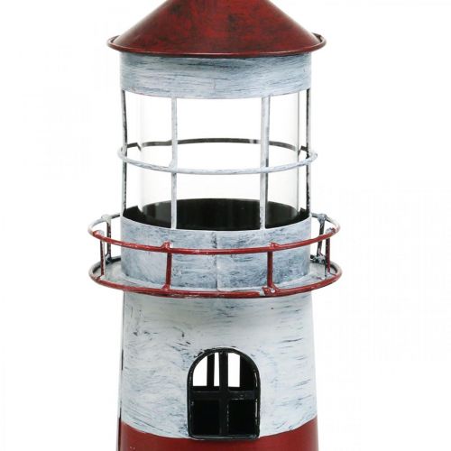 Floristik24 Vela de té faro decoración de metal rojo marítimo, blanco Ø14cm H41cm