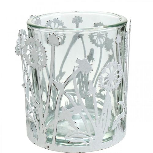 Floristik24 Linterna con dientes de león, decoraciones de mesa, decoración de verano shabby chic plata, blanco H10cm Ø8.5cm