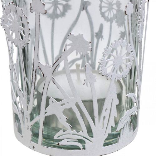 Floristik24 Linterna con dientes de león, decoraciones de mesa, decoración de verano shabby chic plata, blanco H10cm Ø8.5cm