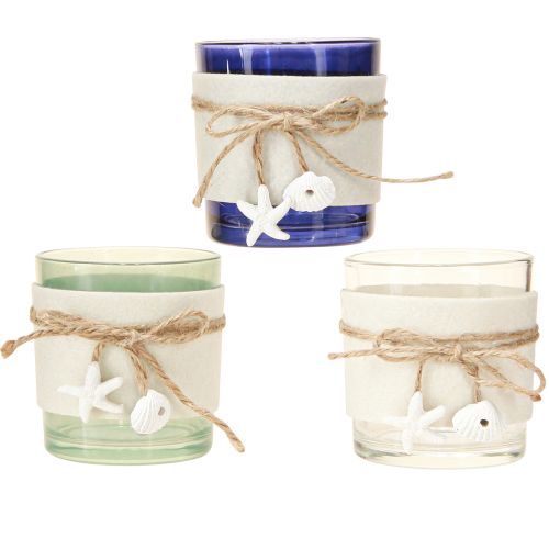 Artículo Portavelas de cristal con forma de vela marítima, color azul, verde y blanco, 7,5 cm, 3 unidades